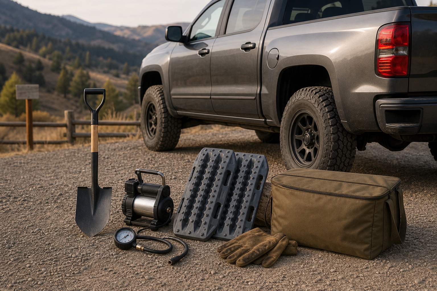 A tire gauge, air compressor, shovel, traction boards, gloves, and closed recovery bag beside a parked midsize truck