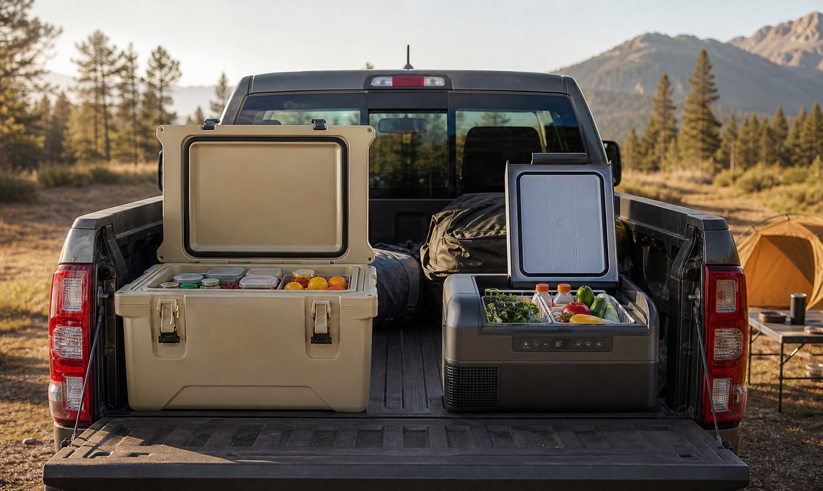 An ice cooler and a portable fridge shown side by side in a pickup bed