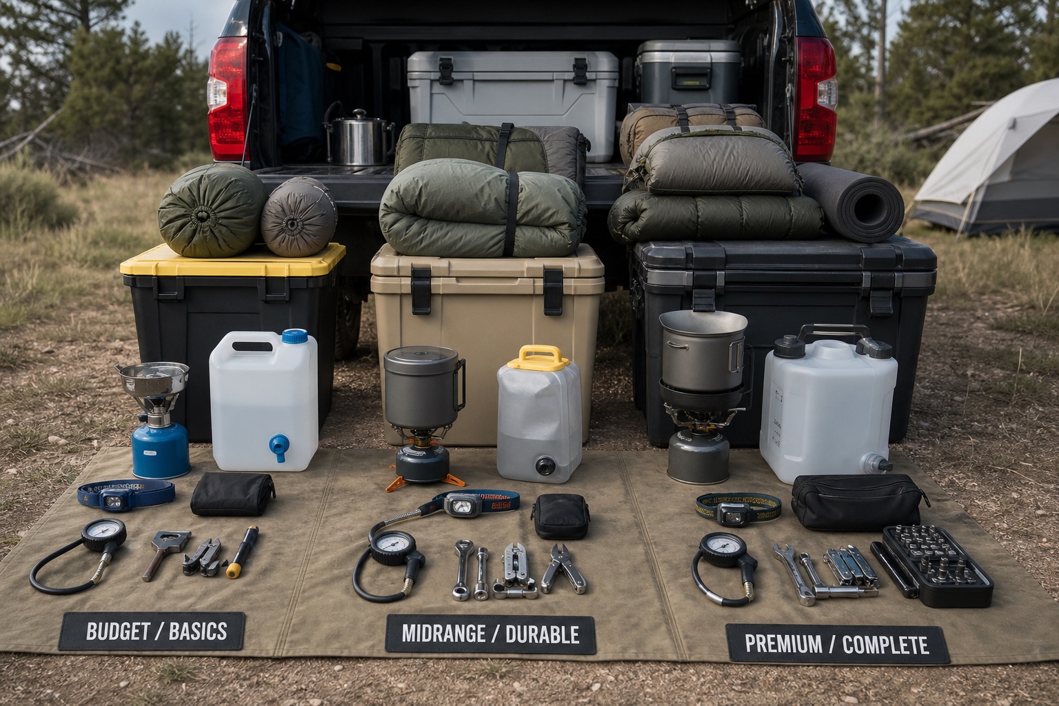 Three organized tiers of generic camping and vehicle gear beside a truck