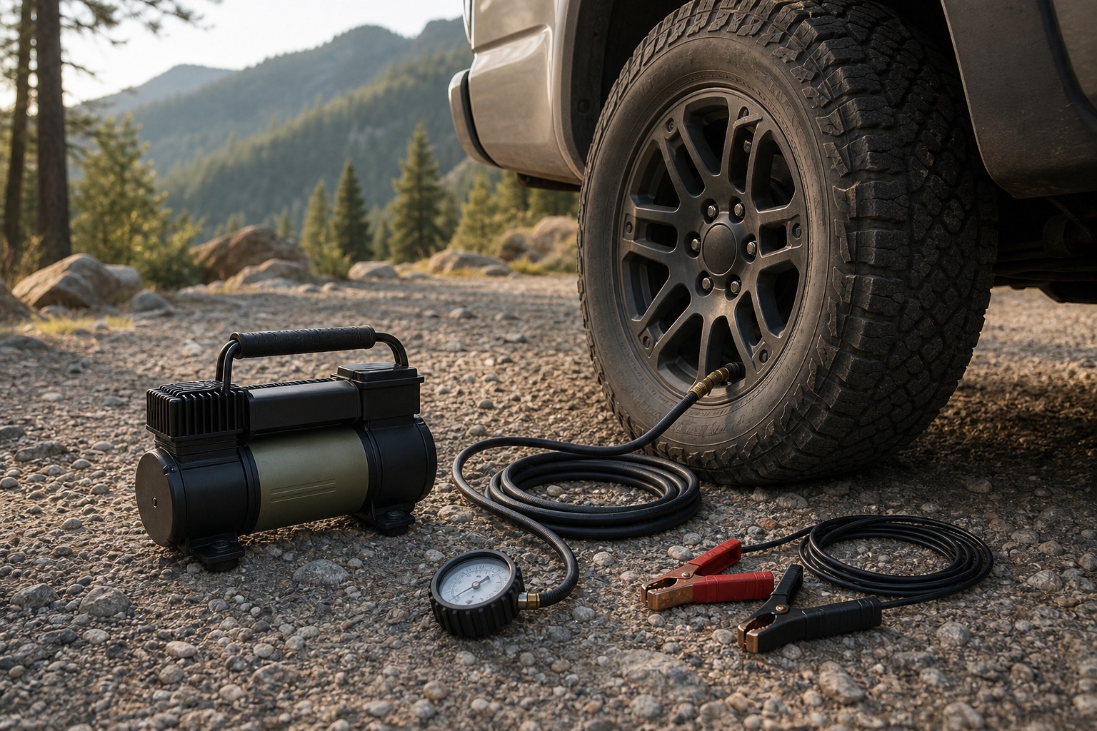 A portable air compressor, coiled hose, tire gauge, and battery clamps beside a truck tire on a gravel turnout