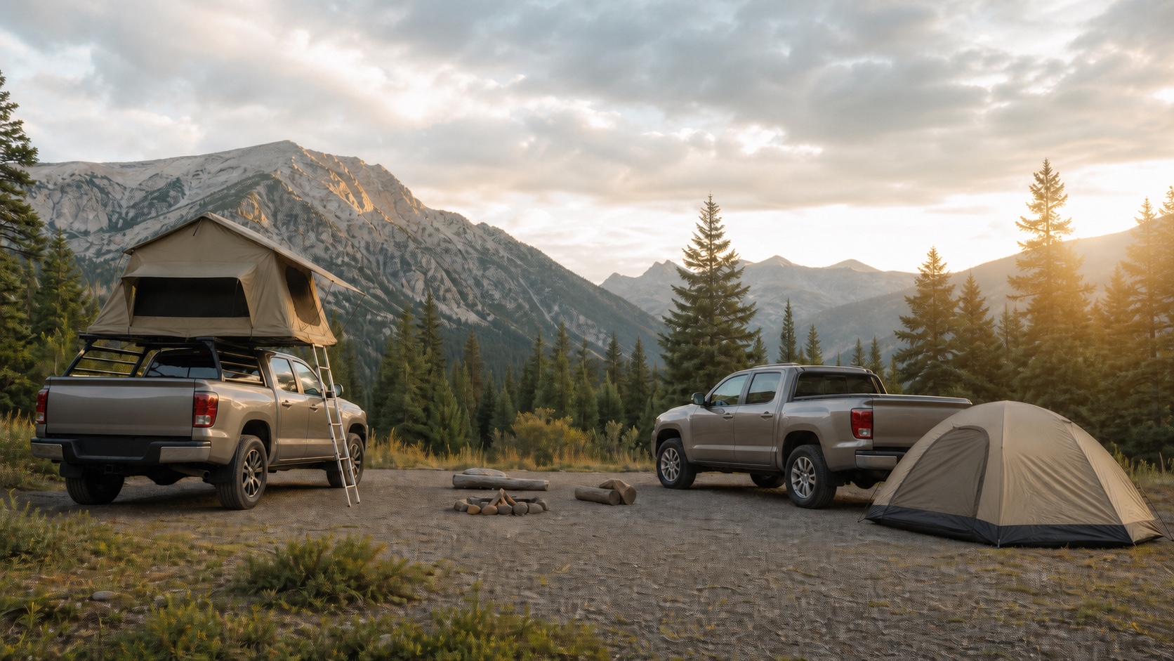 Two generic midsize truck campsites comparing an elevated rooftop tent with a freestanding ground tent